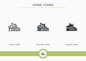 iconos de inicio establecer ilustración vectorial con estilo de línea de icono sólido. concepto de construcción de la ciudad. icono de trazo editable en un fondo aislado para diseño web, interfaz de usuario y aplicación móvil vector