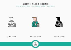 Journalist icons set vector illustration with solid icon line style. Text language publication concept. Editable stroke icon on isolated background for web design, user interface, and mobile app