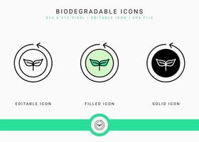 Biodegradable icons set vector illustration with solid icon line style. Bio plastic concept. Editable stroke icon on isolated background for web design, user interface, and mobile application