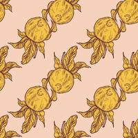 Seamless pattern engraved lemon on twig with leaves. Vintage background citrus fruit on branch in hand drawn style. vector