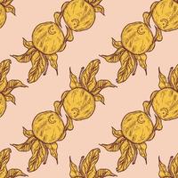 Seamless pattern engraved lemon on twig with leaves. Vintage background citrus fruit on branch in hand drawn style. vector