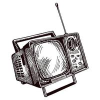 Retro TV engraved isolated on white background. Vintage television with antenna in hand drawn style. vector