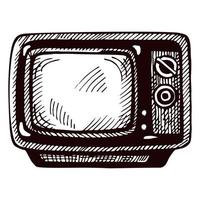 Retro TV engraved isolated on white background. Vintage television media equipment in hand drawn style. vector