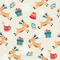 Christmas pattern with cute reindeer, gifts and cups. Festive background with hand drawn elements, vector illustration