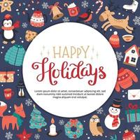 Happy holidays greeting card or banner with lettering and cute seasonal elements in circular shape. Hand drawn vector illustration