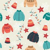 Christmas pattern with sweaters, winter coats, hats and lights. Festive background with hand drawn elements, vector illustration