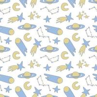 Galaxy cosmic seamless pattern with planets, stars and comets. Childish vector hand drawn cartoon illustration in simple sticker style