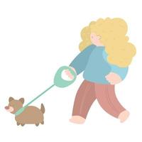 mujer caminando con perro en primavera. concepto de actividad al aire libre. ilustración vectorial en estilo plano, ilustración conceptual para un estilo de vida saludable, deporte, ejercicio. vector