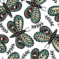 Butterflies, flowers and leaves seamless pattern. Hand drawn butterfly endless wallpaper. Cute flying insect print. Folklore style. Animal folk motif. vector