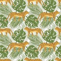 lindo jaguar y hojas tropicales de patrones sin fisuras. papel tapiz de leopardos en la selva tropical. guepardo y hojas de palma fondo interminable. telón de fondo botánico. vector