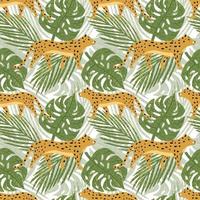Cute jaguar and tropical leaves seamless pattern. Leopards in rainforest wallpaper. Cheetah and palm leaves endless background. Botanical backdrop. vector