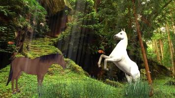 twee prachtige paarden spelen in een magisch bos