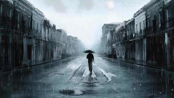 uomo che cammina da solo su una strada con il suo ombrello in una giornata tempestosa video