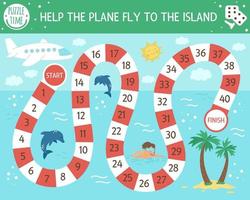 Summer adventure board game for children with airplane, palm trees, dolphins. Educational tropical isle boardgame. Help the plane fly to the island. Beach holidays activity for kids vector