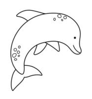Delfín saltador vectorial en blanco y negro aislado en fondo blanco. linda ilustración de animales marinos. página para colorear de verano para niños. linda imagen de pez plano para niños. icono de playa de vacaciones. vector