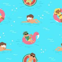 Vector seamless pattern with children on inflatable rings. Repeating background with kids floating on the funny rubber circles.  Swimming equipment digital paper. Fun summer illustration