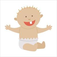 Baby smiling with one tooth isolated on white background. Vector child icon. Little kid in diaper. First teeth concept.