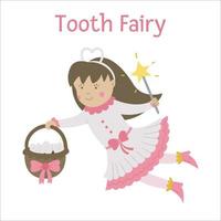 Cute flying tooth fairy vector icon isolated on white background. Kawaii fantasy princess with basket full of smiling teeth. Funny dental care picture for kids. Dentist baby clinic clipart