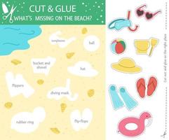 Vector cut and glue activity with beach objects. Summer educational crafting game with cute elements. Fun sea holidays activity for kids. What missing on the sand printable worksheet