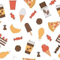 Seamless pattern with junk food and drink icons. Vector repeat background with ice-cream, pizza, sweet products, chocolate, candy, pastry. Flat hand drawn unhealthy nutrition texture.