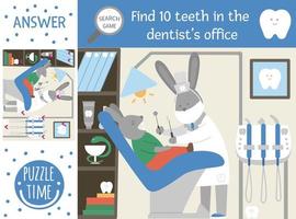 Vector dental care searching game for children with teeth lost in the clinic. Cute funny scene with dentist treating the patient. Find hidden objects. Mouth hygiene printable activity for kids.