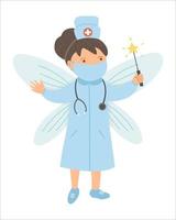 Vector woman medic in medical hat and mask with stethoscope, wings and magic wand. Cute funny hospital or clinic character. Doctor fairy concept. Coronavirus fight illustration
