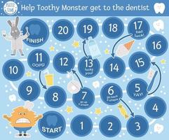 Dental adventure board game for children with cute characters. Educational tooth medicine boardgame. Teeth care activity. Mouth hygiene learning worksheet. Help toothy monster get to the dentist. vector