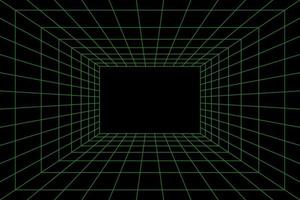 Grid room in perspective, vector illustration in 3d style. Indoor wireframe from green lines, template interior square, digital empty box. Laser beam on black background