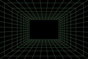 Grid room in perspective, vector illustration in 3d style. Indoor wireframe from green lines, template interior square, digital empty box. Laser beam on black background