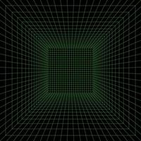 Grid room in perspective, vector illustration in 3d style. Indoor wireframe from green lines, template interior square, digital empty box. Laser beam on black background