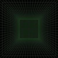 Grid room in perspective, vector illustration in 3d style. Indoor wireframe from green lines, template interior square, digital empty box. Laser beam on black background