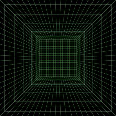 Grid room in perspective, vector illustration in 3d style. Indoor wireframe from green lines, template interior square, digital empty box. Laser beam on black background