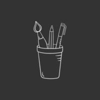 Pencil and brush in cup in doodle style, vector illustration. Sketch of school tools, hand drawn icon. Isolated chalk element on a black background. Office stationery for work and study