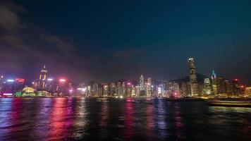 video de lapso de tiempo del horizonte del paisaje urbano de hong kong en la noche visto desde kowloon.