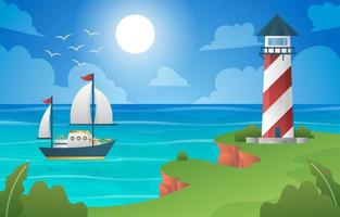 Sea Scenery with Lighthouse and Ships Background vector
