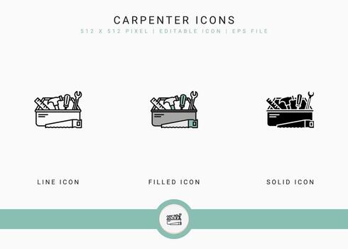 iconos de carpintero establecer ilustración vectorial con estilo de línea de icono sólido. concepto de construcción de herramientas de martillo. icono de trazo editable en un fondo aislado para diseño web, interfaz de usuario y aplicación móvil vector