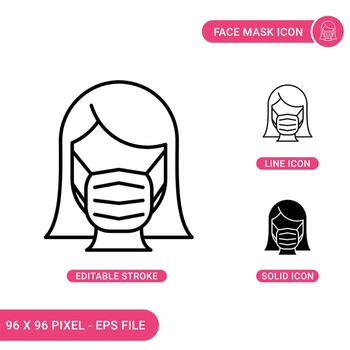 Face mask icons set vector illustration with solid icon line style. Woman face mask concept. Editable stroke icon on isolated background for web design, infographic and UI mobile app.