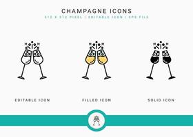 Champagne icons set vector illustration with solid icon line style. Soda bubble effervescent concept. Editable stroke icon on isolated background for web design, infographic and UI mobile app.