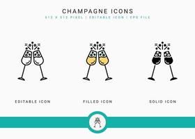 Champagne icons set vector illustration with solid icon line style. Soda bubble effervescent concept. Editable stroke icon on isolated background for web design, infographic and UI mobile app.