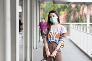 Beautiful Asian woman walking in the city wear Colorful sweaters, long hair and medical masks in a new normal  ,Pollution PM2.5 and health care concept. photo