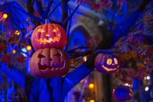 Craved pumpkin head jack lantern is illuminated and decorated with scary theme in Halloween night holiday. photo