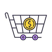 Shopping trolley color icon. Add goods to basket. Shop equipment, cart for products. Doing purchases in internet store. Merchandise and consumerism. Ordering goods. Isolated vector illustration