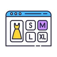 Choose clothes size color icon. Online shopping store. Buying and ordering goods in internet. E commerce. Clothing measurement. Dress sizing labels, sewing tags. Isolated vector illustration