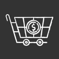 icono de tiza de carrito de compras. añadir productos a la cesta. carrito de compras para productos. haciendo compras en la tienda de internet. Mercancías y consumismo. ordenar bienes. ilustración de pizarra de vector aislado