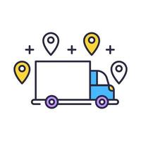 Delivery option color icon. Online order tracking. E commerce concept. Fast shipping truck with location marks. Delivery service. Logistics and distribution. Isolated vector illustration