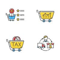 Trading yellow color icons set. Marketing research. Best seller list, sell analytics, sales tax ID, dropshipping. Business organization. Product promotion. Isolated vector illustrations