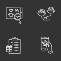 Internet store chalk icons set. Choosing and buying products online. Compare product price. Writing gift list. Mobile shopping, online shop application. Isolated vector chalkboard illustrations