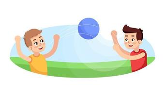 Boys playing ball flat vector illustration. Outdoor game. Sport section for children. Kids active leisure. Extracurricular activities. Young sportsmans physical education lesson cartoon characters