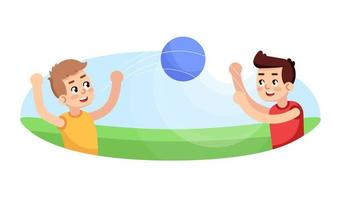 niños jugando a la pelota ilustración vectorial plana. juego al aire libre. sección de deportes para niños. niños ocio activo. actividades extracurriculares. jóvenes deportistas lección de educación física personajes de dibujos animados vector