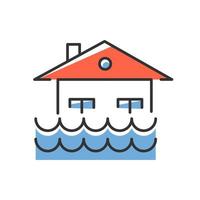 Flood blue color icon. Overflow of water. Sinking house. Submerged building. Flooding locality. Sea level rise. Natural disaster. Isolated vector illustration